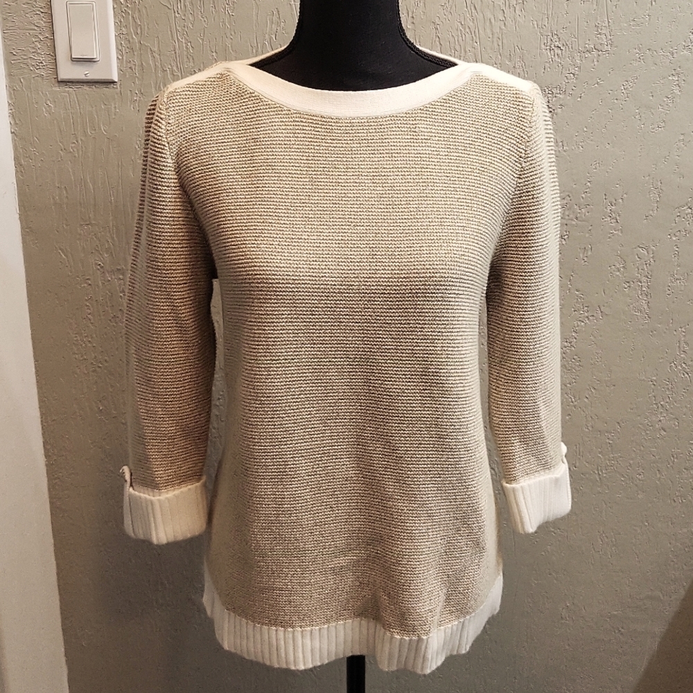Karen Scott 3/4 Sleeve Ivory & Tan Sweater w/ Subtle Gold Metalic Thread